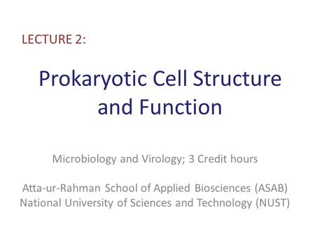Prokaryotic Cell Structure and Function LECTURE 2: Microbiology and Virology; 3 Credit hours Atta-ur-Rahman School of Applied Biosciences (ASAB) National.
