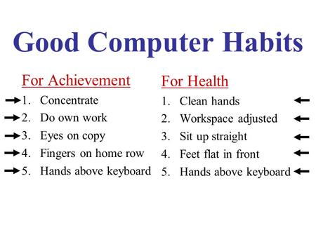 Good Computer Habits For Achievement 1.Concentrate 2.Do own work 3.Eyes on copy 4.Fingers on home row 5.Hands above keyboard For Health 1.Clean hands 2.Workspace.