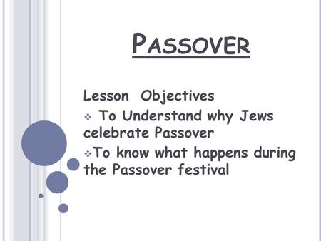 Passover Lesson Objectives To Understand why Jews celebrate Passover