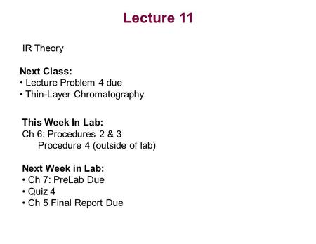 Lecture 11 IR Theory Next Class: Lecture Problem 4 due Thin-Layer Chromatography This Week In Lab: Ch 6: Procedures 2 & 3 Procedure 4 (outside of lab)