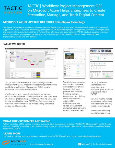 TACTIC | Workflow: Project Management OSS on Microsoft Azure Helps Enterprises to Create Streamline, Manage, and Track Digital Content MICROSOFT AZURE.