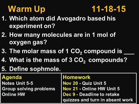 Warm Up11-18-15 1.Which atom did Avogadro based his experiment on? 2.How many molecules are in 1 mol of oxygen gas? 3.The molar mass of 1 CO 2 compound.