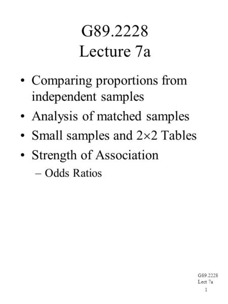 1 G89.2228 Lect 7a G89.2228 Lecture 7a Comparing proportions from independent samples Analysis of matched samples Small samples and 2  2 Tables Strength.