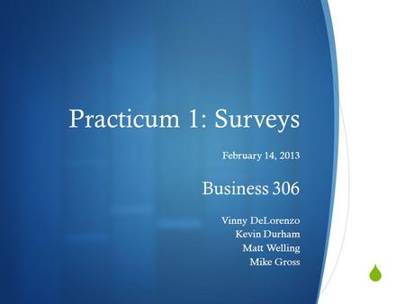  Practicum 1: Surveys February 14, 2013 Business 306 Vinny DeLorenzo Kevin Durham Matt Welling Mike Gross.