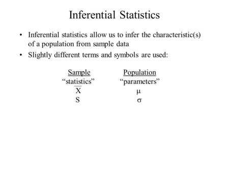 Inferential Statistics Inferential statistics allow us to infer the characteristic(s) of a population from sample data Slightly different terms and symbols.
