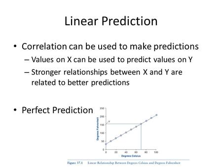 Linear Prediction Correlation can be used to make predictions – Values on X can be used to predict values on Y – Stronger relationships between X and Y.