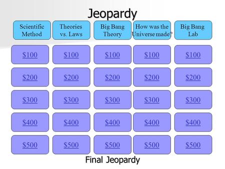 Jeopardy $100 Scientific Method Theories vs. Laws Big Bang Theory How was the Universe made? Big Bang Lab $200 $300 $400 $500 $400 $300 $200 $100 $500.