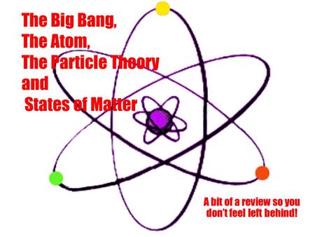 The Big Bang, The Atom, The Particle Theory and States of Matter A bit of a review so you don’t feel left behind!