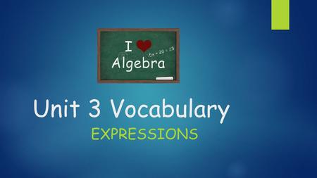 Unit 3 Vocabulary EXPRESSIONS. Algebraic Expression.