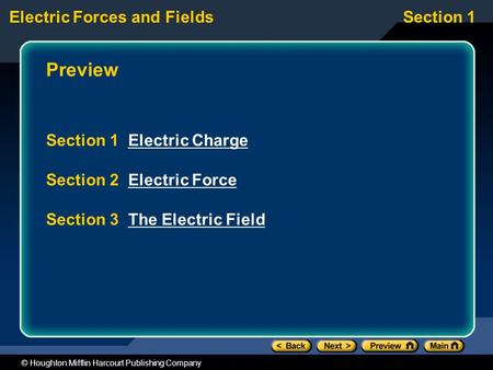 Electric Forces and FieldsSection 1 © Houghton Mifflin Harcourt Publishing Company Preview Section 1 Electric ChargeElectric Charge Section 2 Electric.