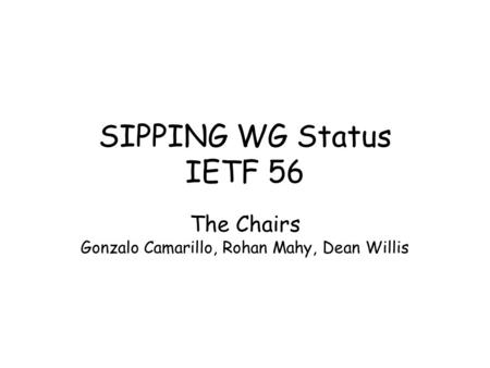 SIPPING WG Status IETF 56 The Chairs Gonzalo Camarillo, Rohan Mahy, Dean Willis.