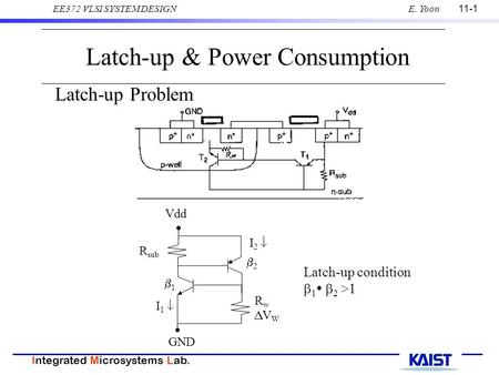 11-1 Integrated Microsystems Lab. EE372 VLSI SYSTEM DESIGNE. Yoon Latch-up & Power Consumption Latch-up Problem Latch-up condition  1   2 >1 GND Vdd.