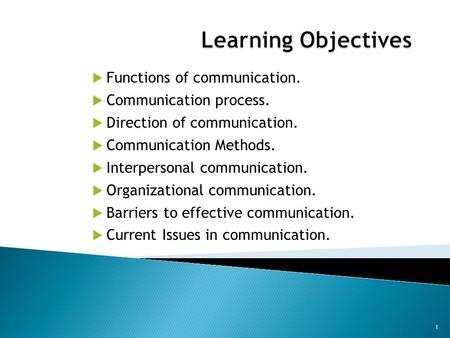 Learning Objectives Functions of communication. Communication process.
