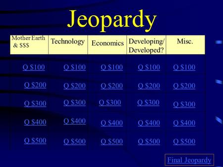 Jeopardy Mother Earth & $$$ Technology Economics Misc. Q $100 Q $200 Q $300 Q $400 Q $500 Q $100 Q $200 Q $300 Q $400 Q $500 Final Jeopardy Developing/