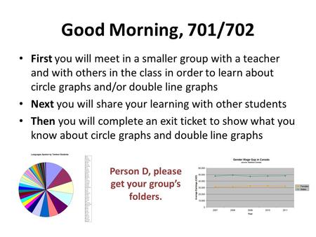 Good Morning, 701/702 First you will meet in a smaller group with a teacher and with others in the class in order to learn about circle graphs and/or double.