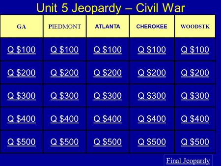 Unit 5 Jeopardy – Civil War Final Jeopardy GAPIEDMONT ATLANTACHEROKEE WOODSTK Q $100 Q $200 Q $300 Q $400 Q $500.