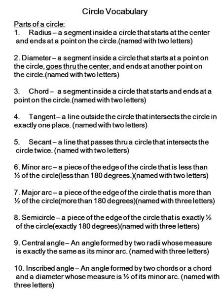 Circle Vocabulary Parts of a circle: 1.Radius – a segment inside a circle that starts at the center and ends at a point on the circle.(named with two letters)