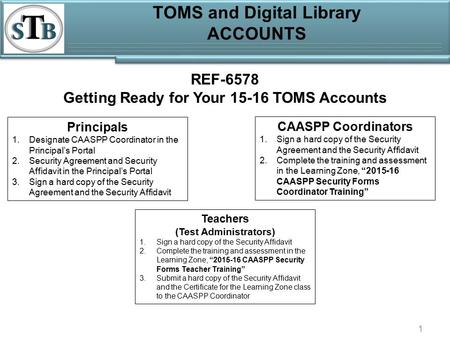 TOMS and Digital Library ACCOUNTS 1 REF-6578 Getting Ready for Your 15-16 TOMS Accounts Principals 1.Designate CAASPP Coordinator in the Principal’s Portal.