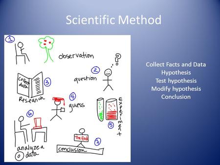 Scientific Method Collect Facts and Data Hypothesis Test hypothesis Modify hypothesis Conclusion.