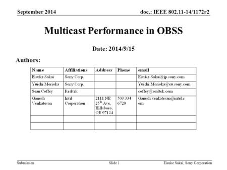 Doc.: IEEE 802.11-14/1172r2 Submission September 2014 Eisuke Sakai, Sony CorporationSlide 1 Multicast Performance in OBSS Date: 2014/9/15 Authors: