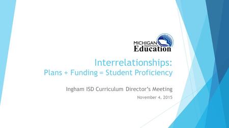 Interrelationships: Plans + Funding = Student Proficiency Ingham ISD Curriculum Director’s Meeting November 4, 2015.