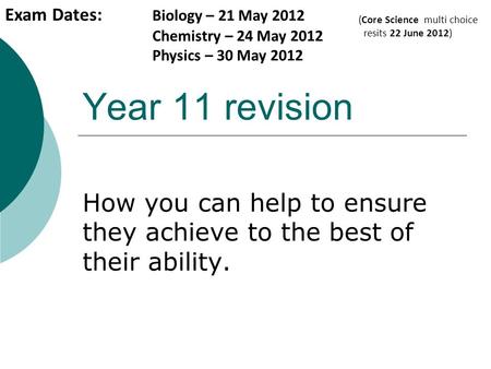 Year 11 revision How you can help to ensure they achieve to the best of their ability. Exam Dates: Biology – 21 May 2012 Chemistry – 24 May 2012 Physics.