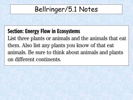 Bellringer/5.1 Notes. 5.1 Energy Flow I. How Organisms Obtain Energy A.Plants make their own food. 1.Photosynthesis 1.Photosynthesis-process in which.