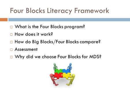 Four Blocks Literacy Framework  What is the Four Blocks program?  How does it work?  How do Big Blocks/Four Blocks compare?  Assessment  Why did we.