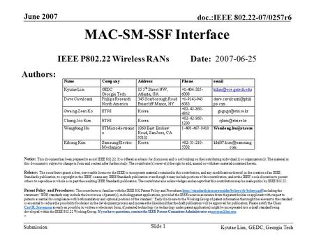 Submission doc.:IEEE 802.22-07/0257r6 June 2007 Kyutae Lim, GEDC, Georgia Tech Slide 1 MAC-SM-SSF Interface IEEE P802.22 Wireless RANs Date: 2007-06-25.