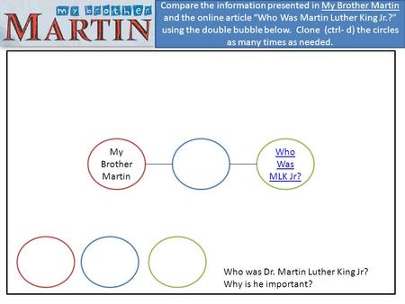 Compare the information presented in My Brother Martin and the online article “Who Was Martin Luther King Jr.?” using the double bubble below. Clone (ctrl-