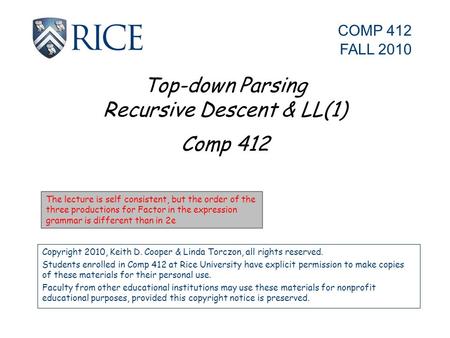 Top-down Parsing Recursive Descent & LL(1) Comp 412 Copyright 2010, Keith D. Cooper & Linda Torczon, all rights reserved. Students enrolled in Comp 412.