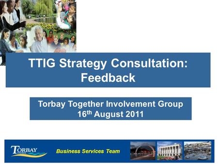 Business Services Team TTIG Strategy Consultation: Feedback Torbay Together Involvement Group 16 th August 2011.