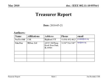 Doc.: IEEE 802.11-10/0554r1 Financial Report May 2010 Jon Rosdahl, CSRSlide 1 Treasurer Report Date: 2010-05-21 Authors: