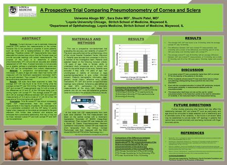 A Prospective Trial Comparing Pneumotonometry of Cornea and Sclera Usiwoma Abugo BS 1, Sara Duke MD 2, Shuchi Patel, MD 2 1 Loyola University Chicago,