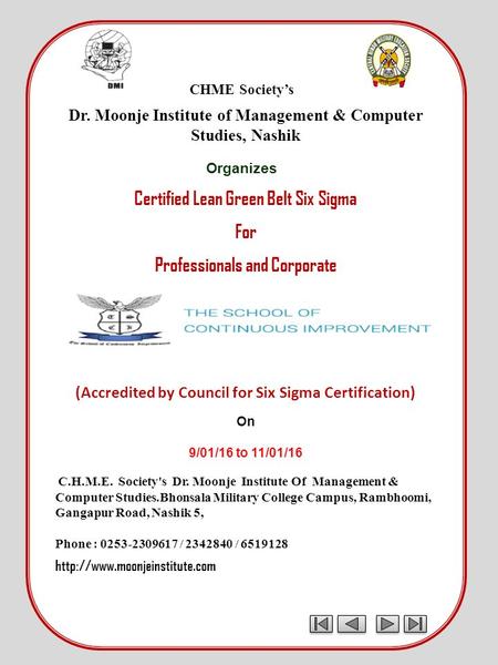 CHME Society’s Dr. Moonje Institute of Management & Computer Studies, Nashik Organizes Certified Lean Green Belt Six Sigma For Professionals and Corporate.