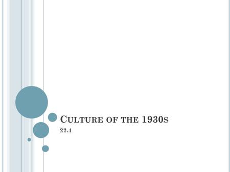 C ULTURE OF THE 1930 S 22.4. O BJECTIVES Trace the growth of radio and the movies in the 1930s and the changes in popular culture. Describe the major.
