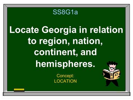 SS8G1a Locate Georgia in relation to region, nation, continent, and hemispheres. Concept: LOCATION.
