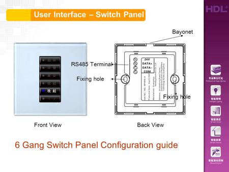 User Interface – Switch Panel 6 Gang Switch Panel Configuration guide RS485 Terminal Fixing hole Bayonet Front ViewBack View.