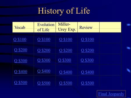 History of Life Vocab Evolution of Life Miller- Urey Exp. Review Q $100 Q $200 Q $300 Q $400 Q $500 Q $100 Q $200 Q $300 Q $400 Q $500 Final Jeopardy.
