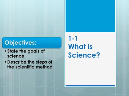 1-1 What is Science? Objectives: State the goals of science Describe the steps of the scientific method.