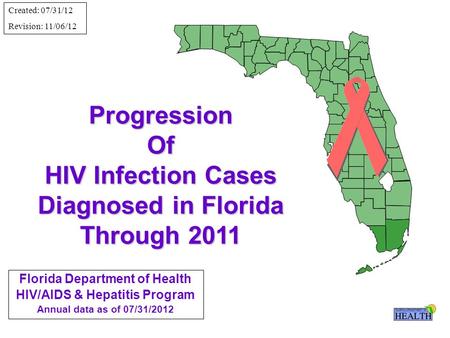 ProgressionOf HIV Infection Cases Diagnosed in Florida Through 2011 Florida Department of Health HIV/AIDS & Hepatitis Program Annual data as of 07/31/2012.