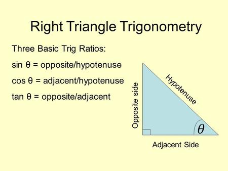Right Triangle Trigonometry Three Basic Trig Ratios: sin θ = opposite/hypotenuse cos θ = adjacent/hypotenuse tan θ = opposite/adjacent Adjacent Side Hypotenuse.