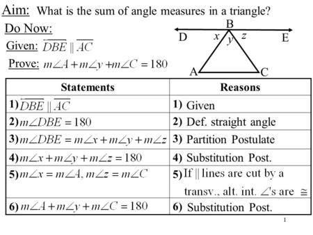 1 Aim: What is the sum of angle measures in a triangle? Do Now: D E x y A B C z Given: Prove: StatementsReasons 1) 2) 3) 4) 5) 6) Given Def. straight angle.