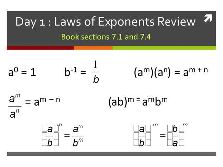  Day 1 : Laws of Exponents Review Book sections 7.1 and 7.4 a 0 = 1 b -1 = (a m )(a n ) = a m + n = a m – n (ab) m = a m b m.