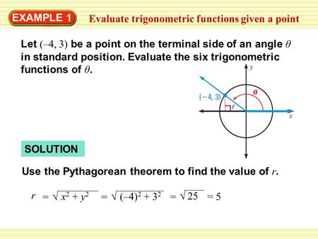 EXAMPLE 1 Evaluate trigonometric functions given a point Let (–4, 3) be a point on the terminal side of an angle θ in standard position. Evaluate the six.