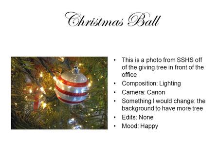 Christmas Ball This is a photo from SSHS off of the giving tree in front of the office Composition: Lighting Camera: Canon Something I would change: the.