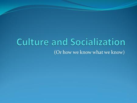 (Or how we know what we know). Culture and Socialization What is culture? Development of culture Cultural variation Language and culture Norms and values.