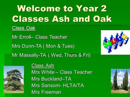 Welcome to Year 2 Classes Ash and Oak Class Ash Mrs White – Class Teacher Mrs Buckland–TA Mrs Sansom- HLTA/TA Mrs Freeman Class Oak Mr Erroll– Class Teacher.
