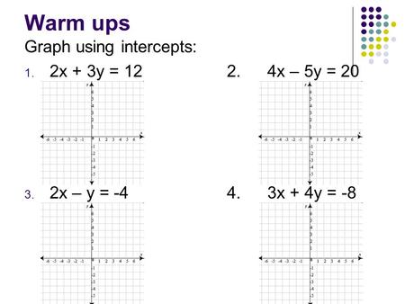 Warm ups Graph using intercepts: 1. 2x + 3y = 122.4x – 5y = 20 3. 2x – y = -44.3x + 4y = -8.