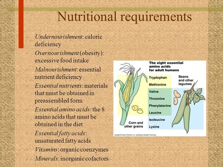 Nutritional requirements Undernourishment: caloric deficiency Overnourishment (obesity): excessive food intake Malnourishment: essential nutrient deficiency.